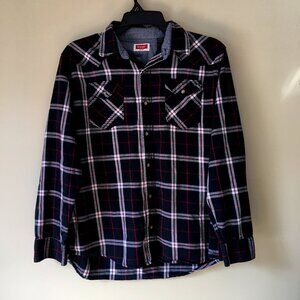 WRANGLER Button Shirt L Plaid Black White Red Plaid PEARL SNAP Cotton Poly SOFT